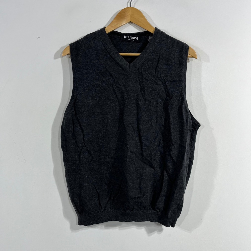 Brandini Old Money Academia Gray Extrafine Merino Wool V-Neck Sweater Vest Large
